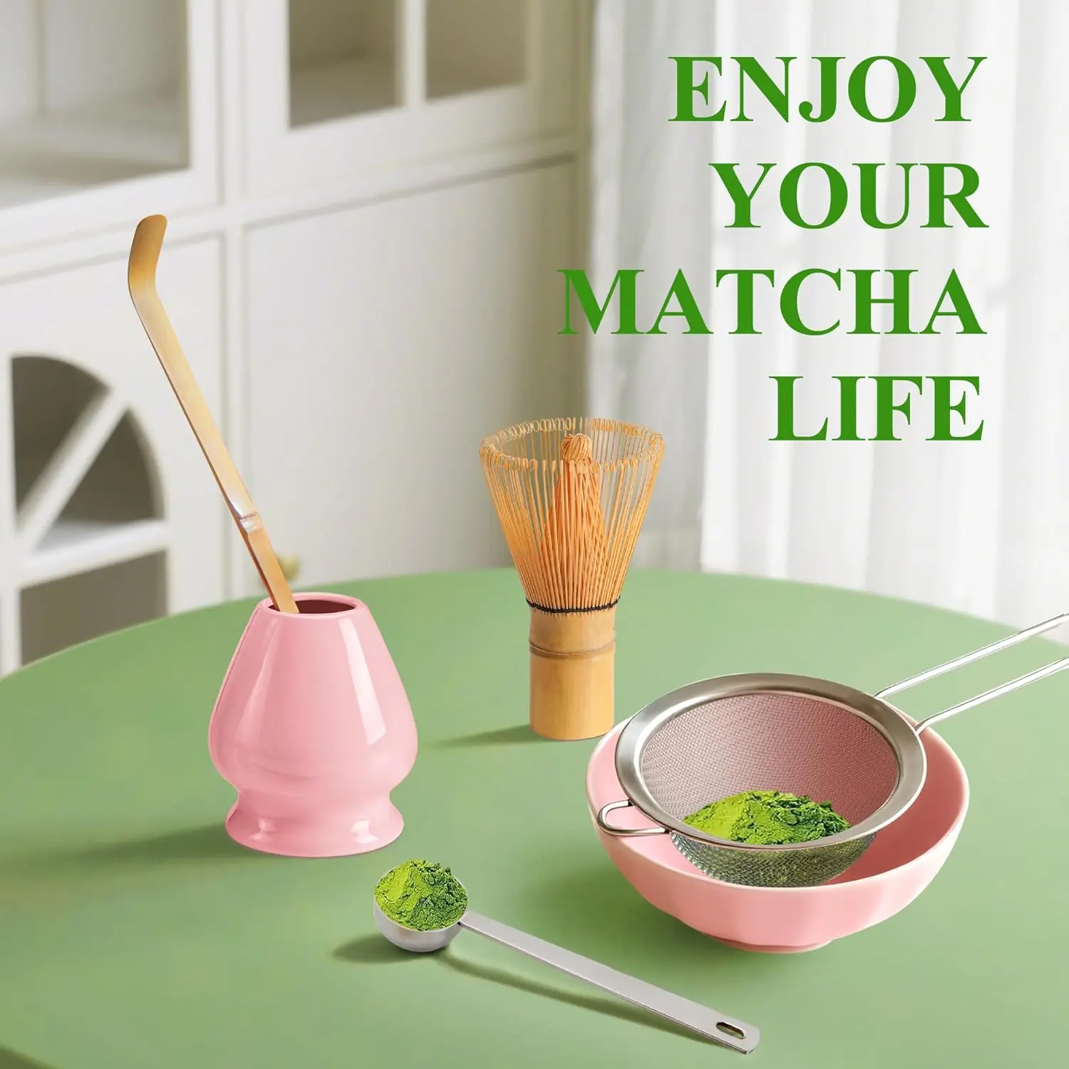 Solid Pink Traditional Japanese Matcha Tea Set - Complete Kit (Set of 5) with Bamboo Whisk, Ceramic Holder Stand, Sifter, Scoop - Essential Kitchen Tools for Whisking
