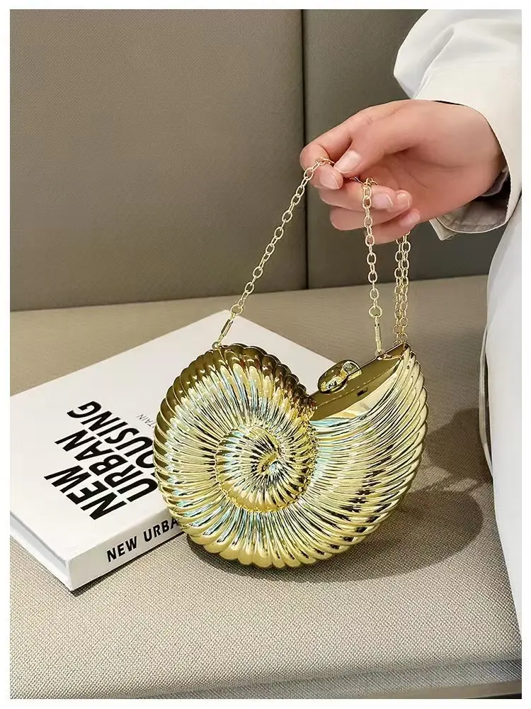 Metallic Shiny Golden Seashell Spiral Bling Evening Bag - Beaded Elegant Purse, Detachable Beaded Chain Handbag, Lipstick Storage Pouch, ABS Fashionable Evening Accessory for Night Events, Weddings