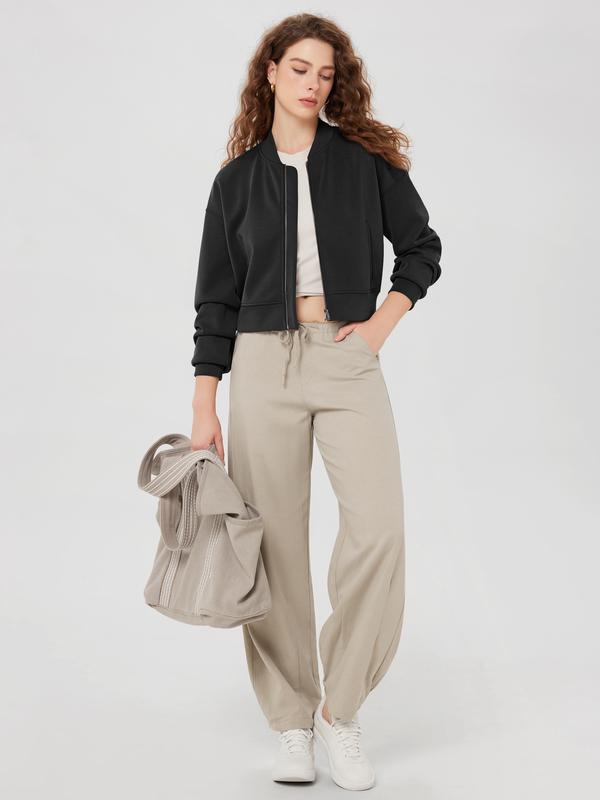 ODODOS Modal Soft Full-Zip Bomber Jacket for Women Long Sleeve Casual Fall Outfit Crop Top with Pockets