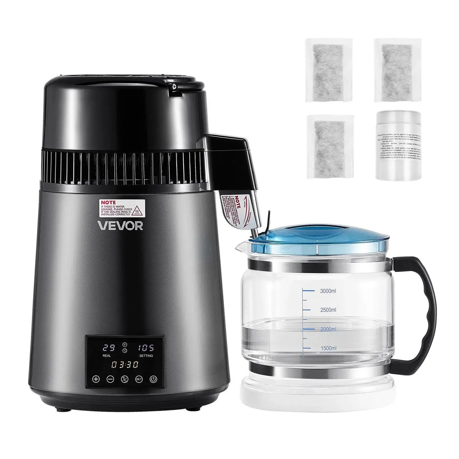 【Summerfinds】VEVOR Water Distiller,  4L 1.1 Gallon Pure Water Purifier Filter For Home Table Countertop, 750W Distilled Maker with Glass Pot, Stainless Steel Interior Drinking Machine to Make Clean Waters, Grey