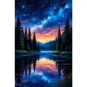 1PCS DIY Diamond Painting Kit Starry Night Landscape with Lake Reflection and Pine Trees for Home Decor