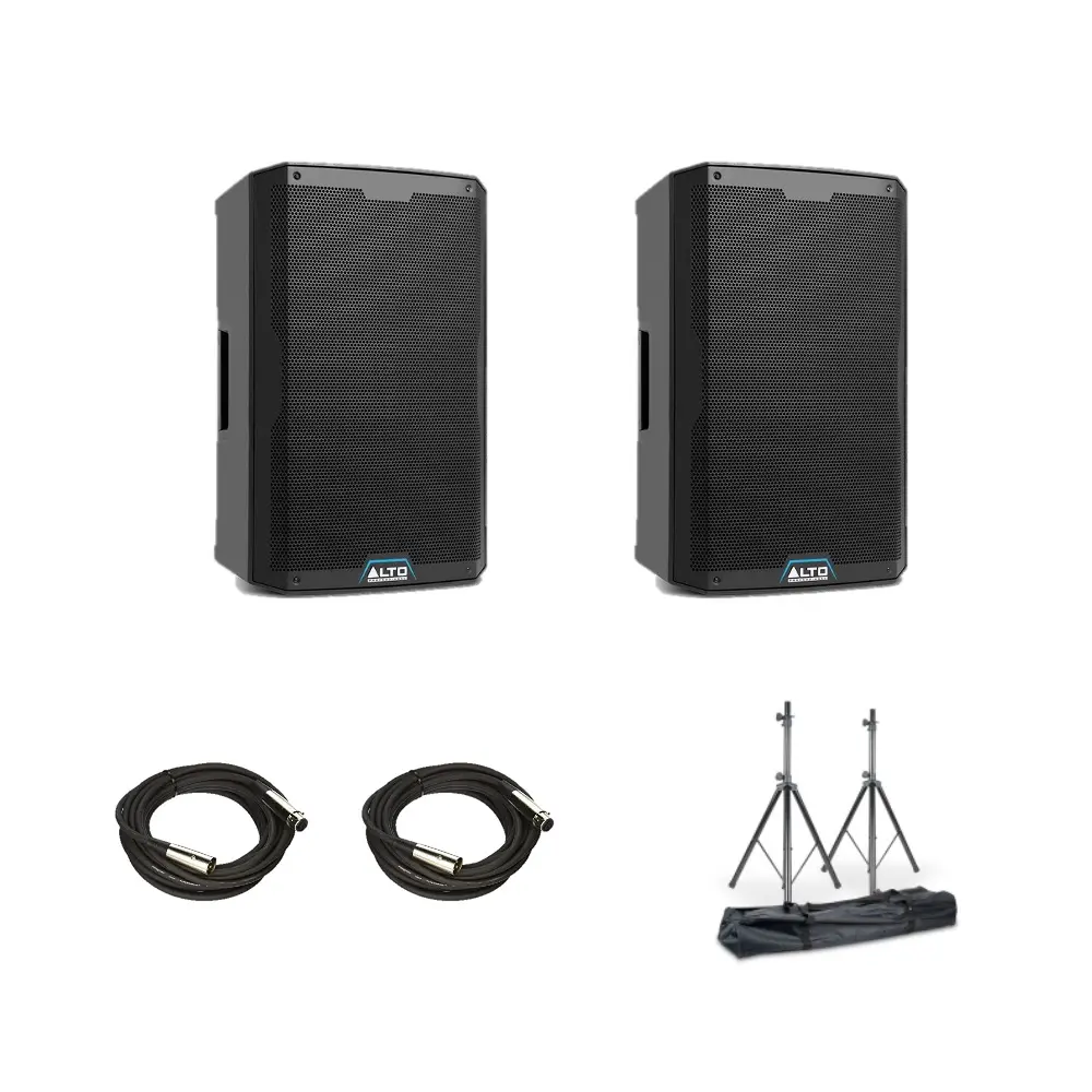 Bundle of 2x Alto Professional TS415XUS SPEAKERS + 2x XLR Cables + 1 Pair of Speaker Stands