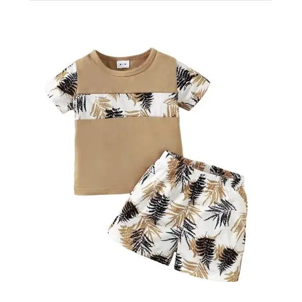 Boys' Brown Two-Piece Set with Leaf Pattern, Cotton, Breathable & Sweat-Absorbent for Casual Summer Wear