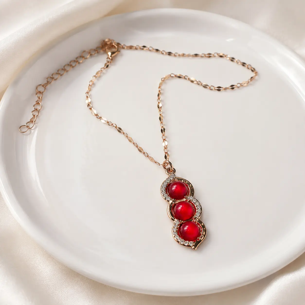 Triple Red Stone Necklace, Gold Tone Stainless Steel, Clear Crystal Pendant, 18 Inch Adjustable Jewelry Gift for Her