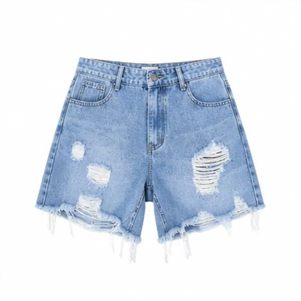 Women's Casual Denim Shorts, Light Wash Distressed Look with a Ripped Front, Classic Pockets, and a Raw Hem for Summer, Beach Days, Frayed Hem, Button, Above Knee, Bottom, Clothes, Jean Shorts, Bottoms, Shorts For Women
