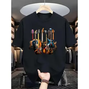 Men's & Women's Vintage Rock T-Shirt - Retro Multi-Color Guitar Print Short Sleeve Tee, Loose Fit Round Neck Casual Shirt Suitable for Music Lovers, Gift for Rock Fans, Machine Washable Summer Apparel for Concerts & Casual Attire