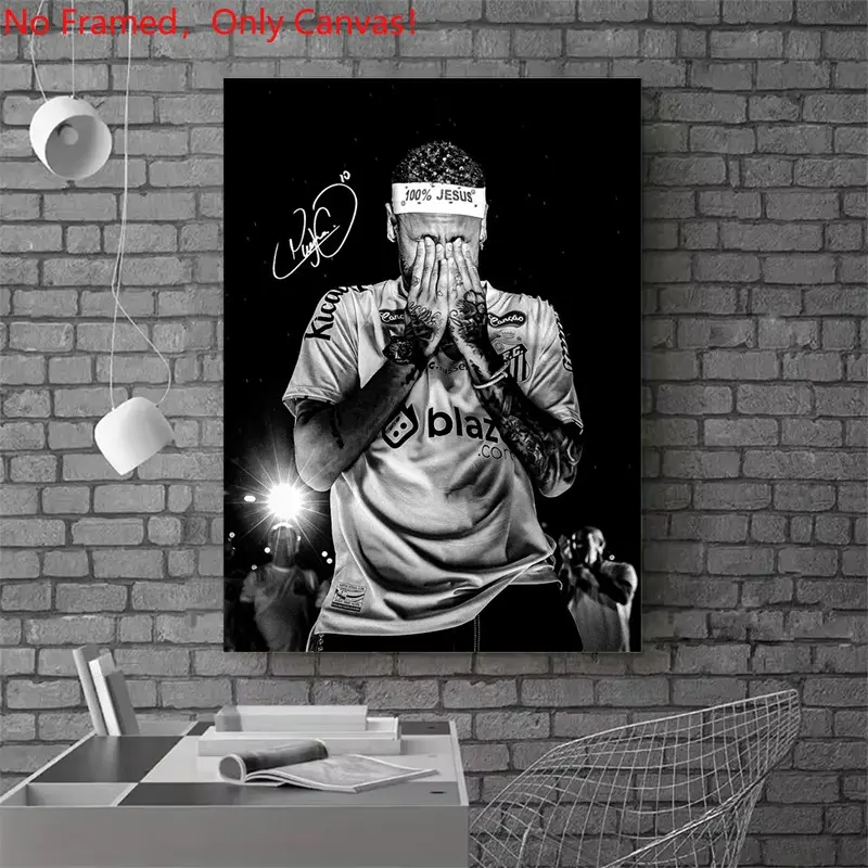 1 piece/set frameless canvas painting print poster, Modern Wall Art, Modern Art Design, Classic Football player art, Neymar Jr. with '100% Jesus' headband, a perfect gift for football loves, ideal for home decor