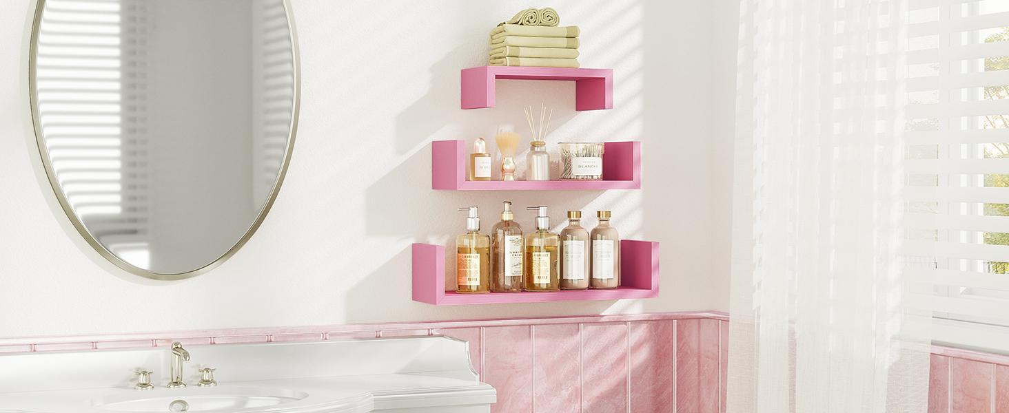 Floating Shelves Wall Mounted, Solid Wood Wall Shelves, Pink