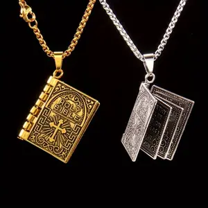 1/2pcs Holy Bible Book Pendant Necklaces Openable Prayer Bible Verse Metal Pages Inside Vintage Religious Christian Necklace Jewelry for Men Women Christmas