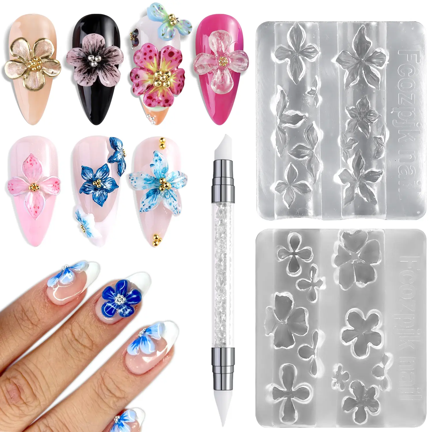 Fcozpjk Silicone Nail Art Molds, 2PCS 3D Flowers Nail Charm Molds