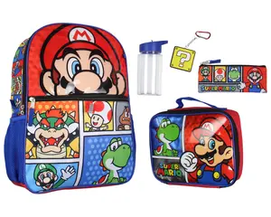 Super Mario Backpack 5-Piece 16" Backpack Set With Detachable Lunch Tote Water Bottle Pencil Case and Rubber Charm Keychain