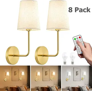 8PCS JESLED Battery Operated Wall Sconce Rechargeable Wall Lights with Remote Control 15000mAh Dimmable Lamps Magnetic for Bedroom Living Room Hallway Golden Vintage Modern 5V E27 LED Bulbs included Timer Night Lights Hotel Motel Home