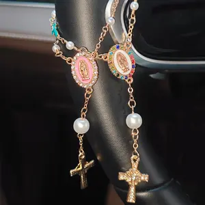 1pc Pink Pearl Cross Steering Wheel Rosary Ornament, Prayer Bracelet, Rosary Car Pendant Accessory, Unique Fashion Car Decor, Gift Idea, Car Trinkets, Car Hanging Decoration, Girly Car Accessories