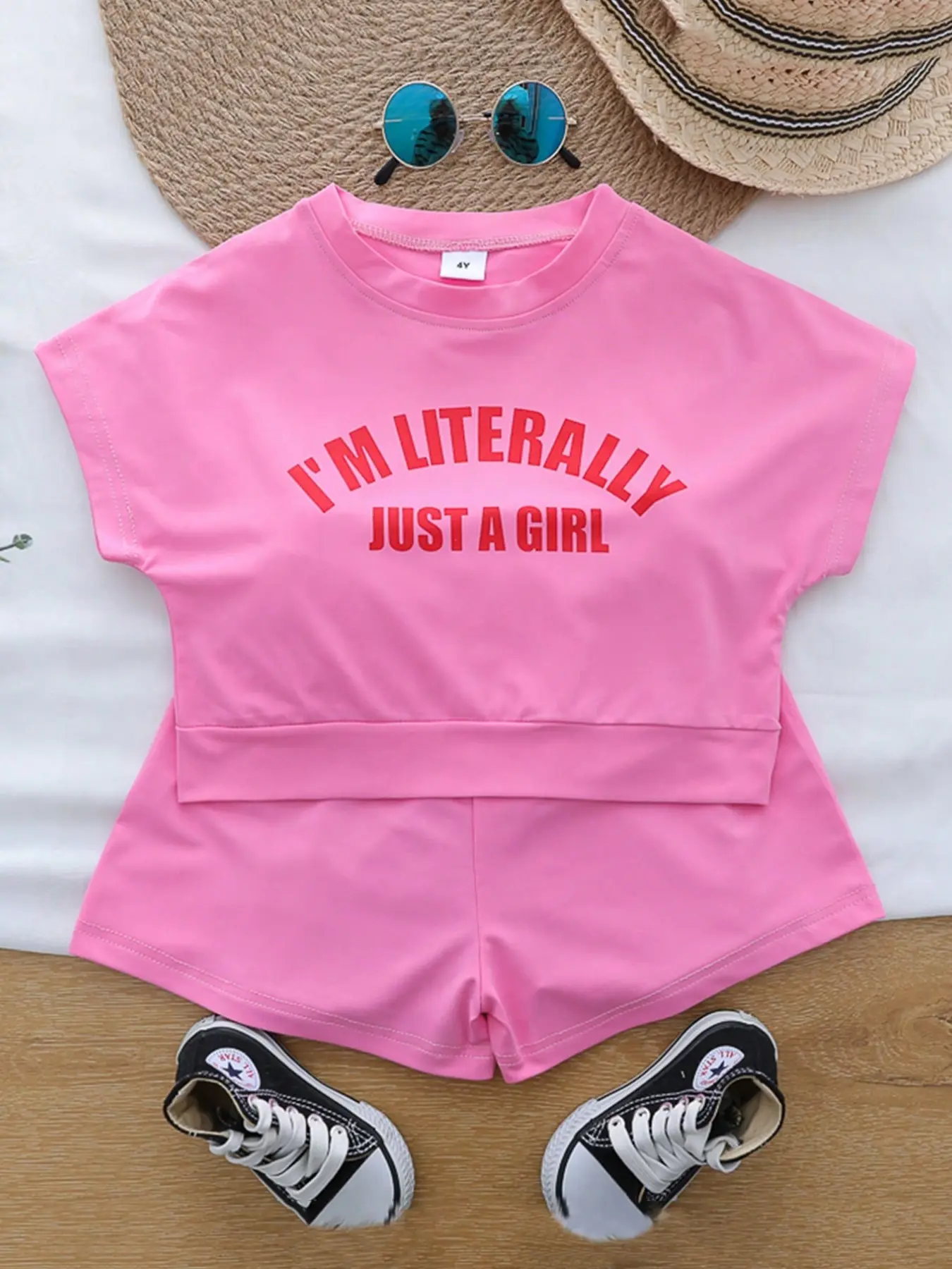 Girls Summer Letter Print Batwing Sleeve Short Set, Cute Casual for Kids, Perfect for Daily Wear and Playtime, Summer Clothes Set