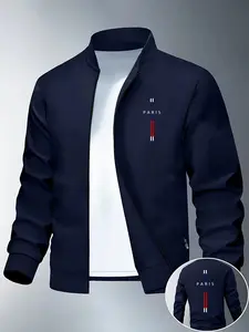 Men's Casual Zippered Jacket with Letter Print, Fitted Polyester Fabric, Ideal for Outdoor Activities & Fashion Wear, Casual Fitted Jackets