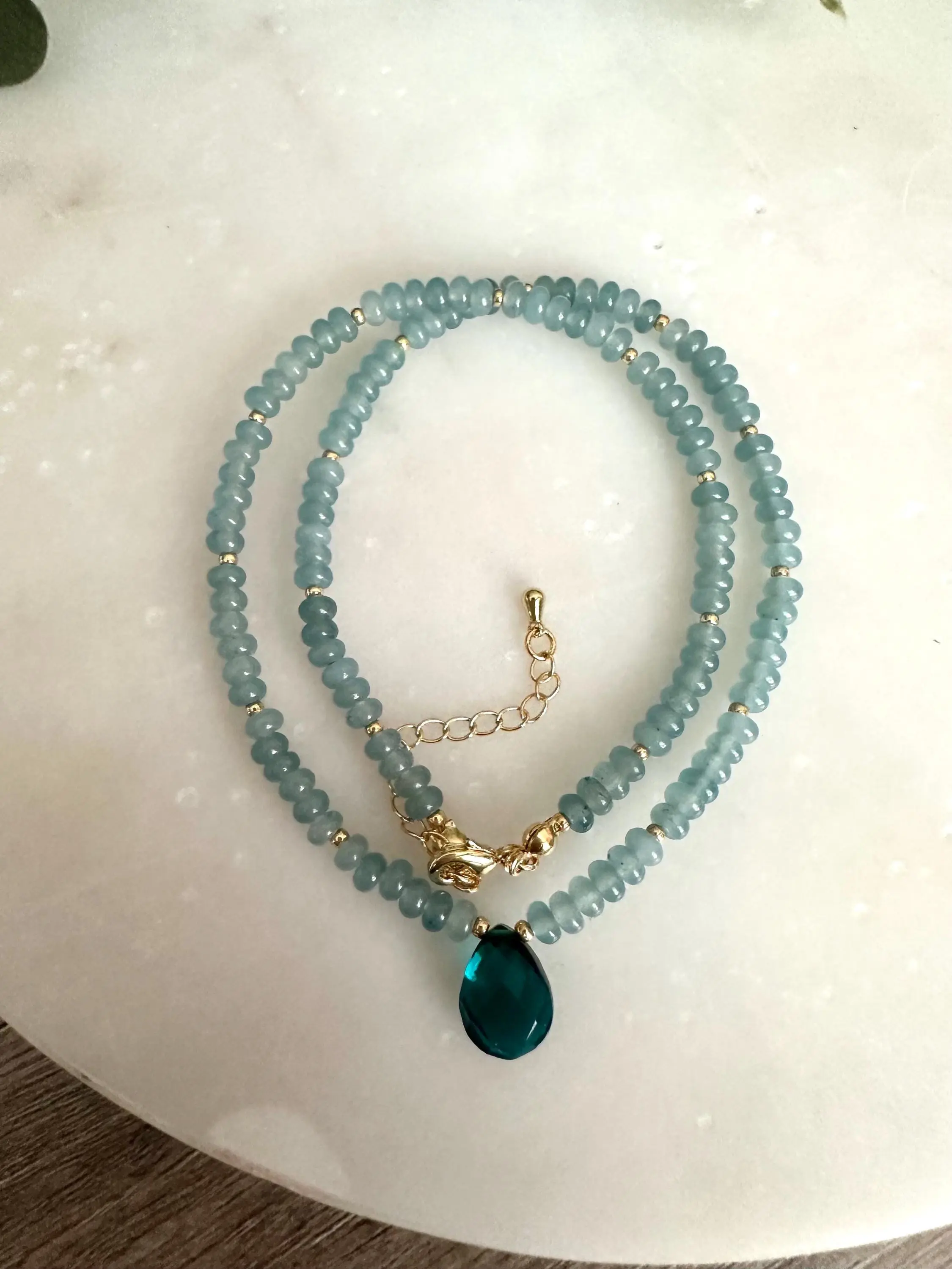 Light Teal Jade Beaded Necklace with Teal Quartz Drop Pendant