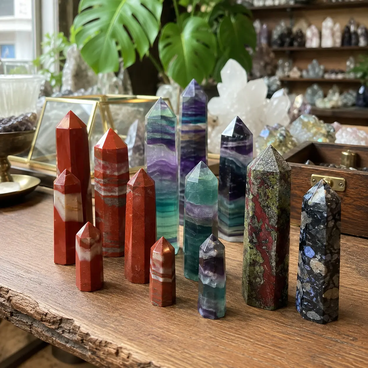 Natural multi-material crystal pillars, including multicolored fluorite, dragon's blood stone, red jasper, and blue flash stone.Mineral Specimen, Unique Home Decor, Ideal Gift For Crystal Collectors.Bohemian Style Unique Texture for DIY Making,Christmas