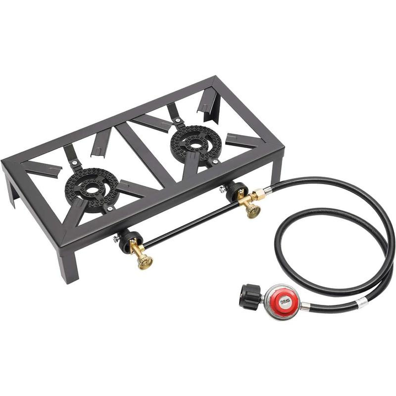 Double Burner Gas Stove, 8000W Portable Outdoor Propane Stove with Adjustable 0-10Psi Regulator Hose for Patio Camping, BBQ, Home Brewing, Turkey Fry, Maple Syrup Prep