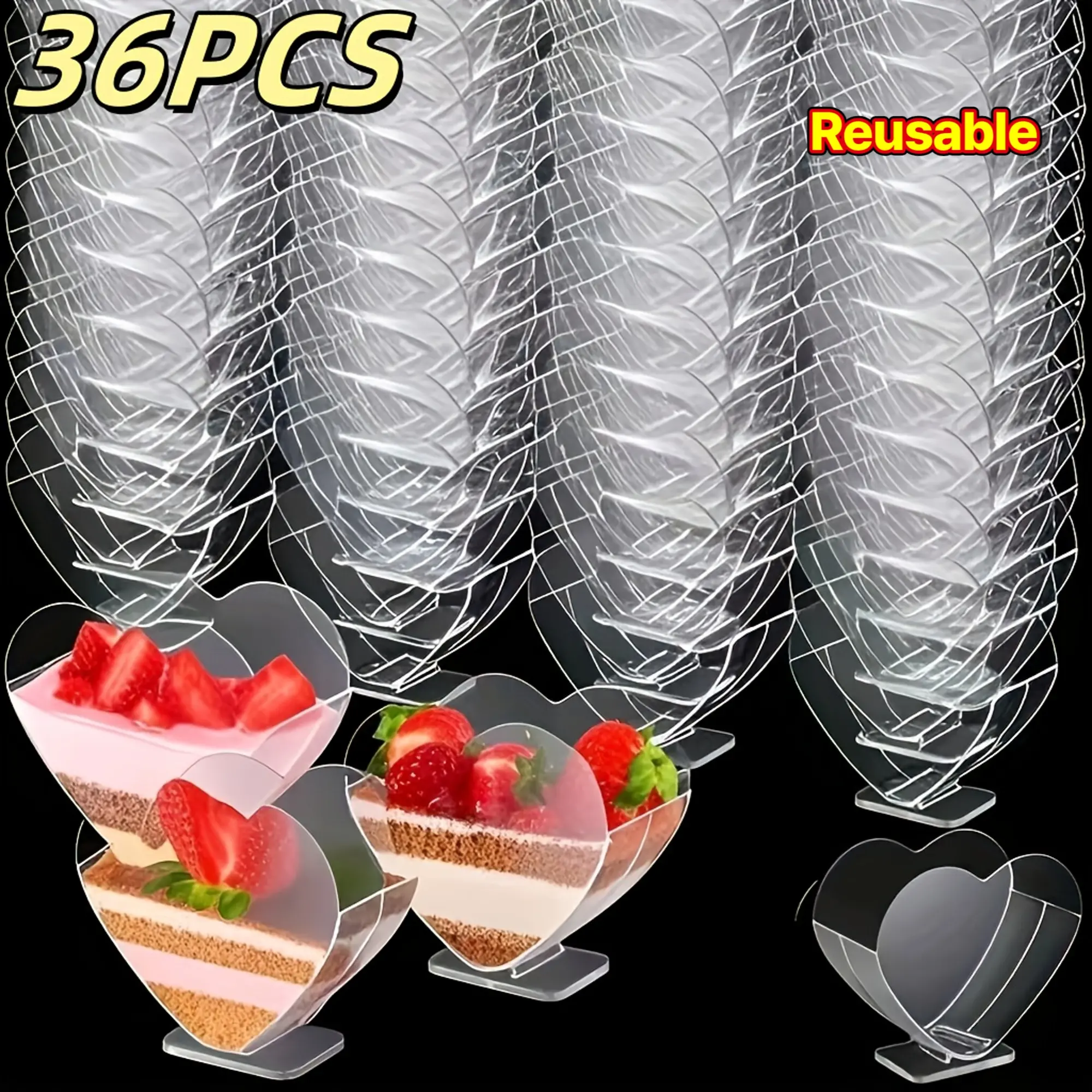 Set of 36 Reusable Heart-Shaped Goblets, Mousse Cups, Double Heart Cups, Clear Dessert Cups, And Ice Cream Cups, Essential for Weddings