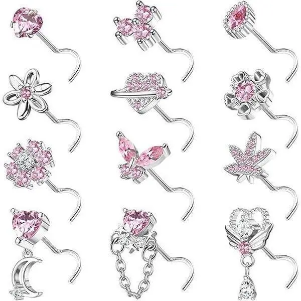 FASACCO 12PCS 20G Nose Rings Surgical Stainless Steel L Shaped Nose Studs for Women Men CZ Heart Butterfly Flower Leaf Moon Dangle Cute Nose Piercings Studs Screw Jewelry Pink Summervibes