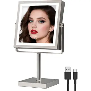 Rechargeable Makeup Mirror, 4000mAh Lighted Makeup Mirror with Magnification1X/10X, Height Adjustable Vanity Mirror with Lights, 3 Color Lights, Adjust Brightness, 360?Rotation(Brushed Nickel)