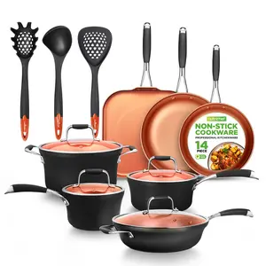 14-Piece Non-Stick Cookware Set - Even Heat, Copper Coating, Silicone Handles | Stylish Multi-Sized Frying Pan, Cooker & Pot with Lids And More Utensils Set - Dishwasher Safe, Gas Electric Ceramic Safe Counter Cooktops - Kitchen Cooking Essentials