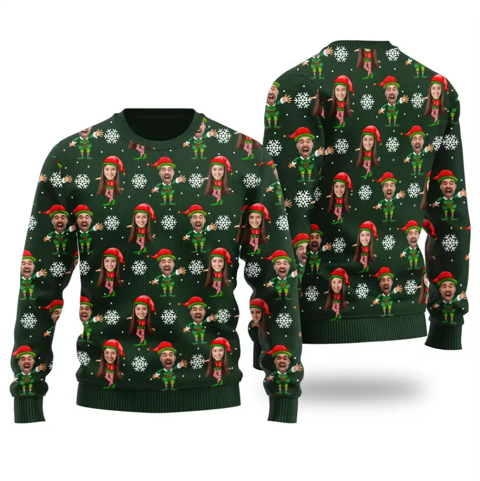 Funny Elf Christmas Sweater – Custom Face Holiday Knit Pullover | Ugly Xmas Sweater for Family Parties & Holiday Fun