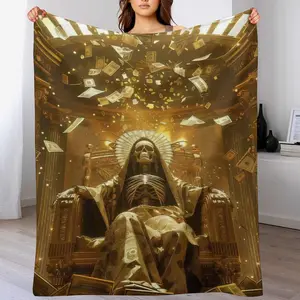 Gold Santa Muerte Skeleton of Wealth  Golden Throne Soft Funny Throw Blanket Print Fleece Blanket Cozy Blankets Comfortable Warm Fluffy For Home Office School Travel