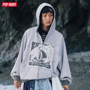 POP MART Hirono Living Wild - Freedom Island Storm Applique Cardigan Sweatshirt Washed Grey