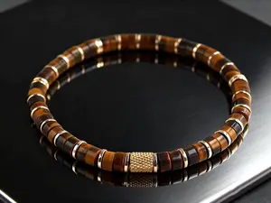 Steadfast Horizon - Natural AAA Tiger Eye Heishi Bracelet for Protection, Grounding & Confidence | Men’s Healing Jewelry Gift | Gold Plated