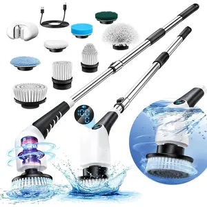Electric Spin Scrubber, Cordless Cleaning Brush with 8 Replaceable Brush Heads, Shower Cleaning Brush, Power Scrubber with 3 Adjustable Speeds,Adjustable & Detachable Long Handle,Voice Prompt