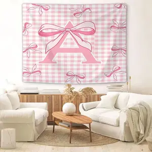 Pink Gingham Bow Letter A-Z Print Tapestry, Coquette Aesthetic Wall Hanging Tapestries, Soft Wall Blanket, Cute Preppy Style Backdrop Decor for Bedroom, Dorm, Living Room, Home Aesthetic Decoration
