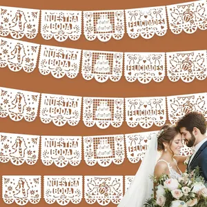 Mindsoft 9 Pack White Papel Picado Wedding Banners, 49.21 Yards Plastic Cielito Lindo Mexican Banners, Cinco de Mayo Decoration, Fiesta Party Decor with Rings Couple Designs for Festive Celebrations