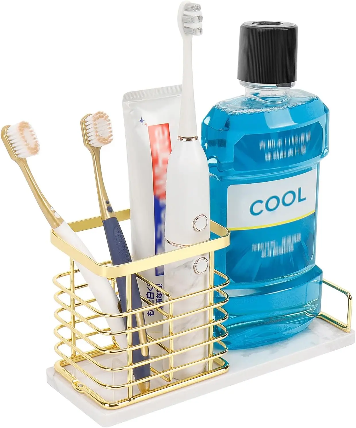 Luxurious Metal Toothbrush Holder with Pad & Dispenser, Marble Base, Multi-Slots Openwork Design, Large Gold Bathroom Storage Accessory