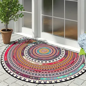 Boho Style Semicircular Door Mat, Vintage Ethnic Style Door Entrance Rug, Patio Rug, Boho Area Rug, Non-slip Floor Mat for Home Living Room Bedroom Garden Outdoor Decor, Boho Washable Rug