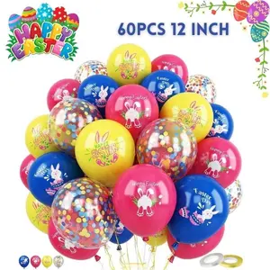 Happy Easter Balloons Set, 60 PCS 12 Inch Bunny & Egg Confetti Balloons, Pink Yellow Blue Spring Party Decor for Kids, Birthday Baby Shower