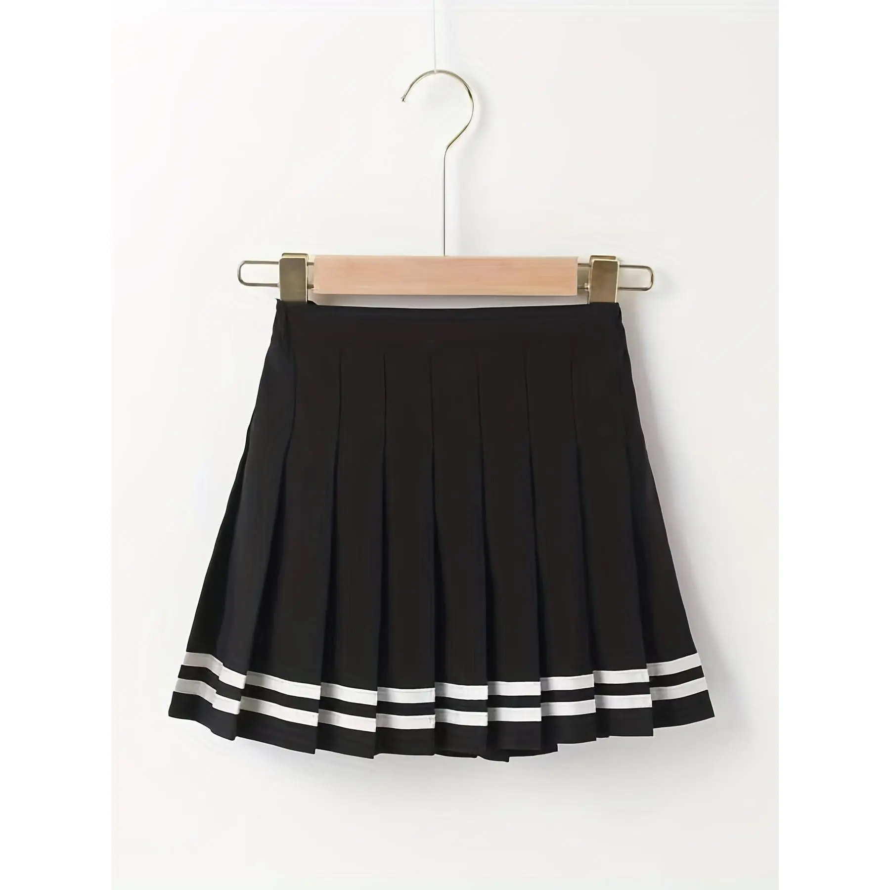 Girls' Pleated Cheerleading Skirt in Black with White Stripes, Comfortable All-Seasons Bottom for School or Performances