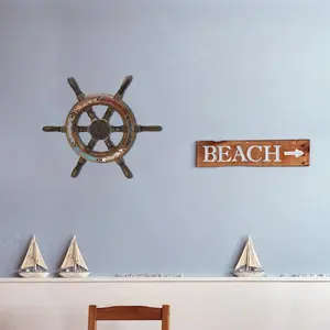 Wood Ship Wheel Nautical Wall Decor Rustic Vintage Boat Steering Wheel Hanging Ornament Wall Art Decorative Wheel Helm Sculpture for Home Beach Theme Decor