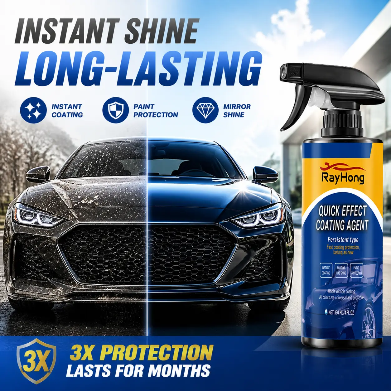 Fast Acting Nano Ceramic Car Coating Spray Waterless Wash Liquid Polish for Detailing Results Wax Hydrophobic Top Coat for Plastic and Glass Protection