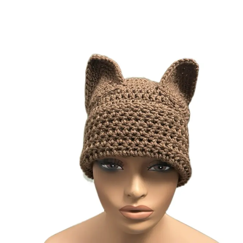 Crochet Cat Ear Hat - Brown Design with Pointed Cat Ear Cables - Soft and Cozy Knit Accessory
