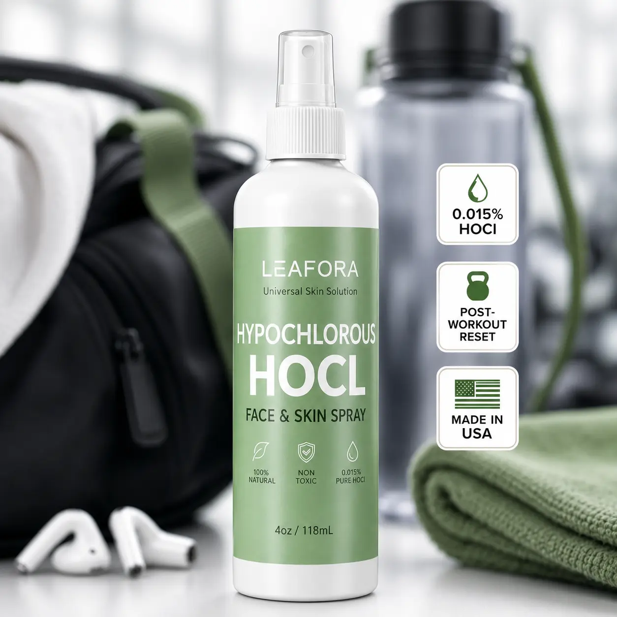 LEAFORA Hydrochloric acid Spray for Face & Body, 0.015% HOCl Post-Workout Skin Refresh Mist, Alcohol-Free & Fragrance-Free, Gym Bag Essential