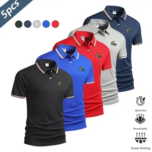 Men’s 5-pack alligator print polo shirts—lightweight, quick-drying, breathable summer short-sleeve collared T-shirts for business casual wear. Suitable for commuting, everyday wear, and light business outfits; pairs well with dress pants and casual trouse
