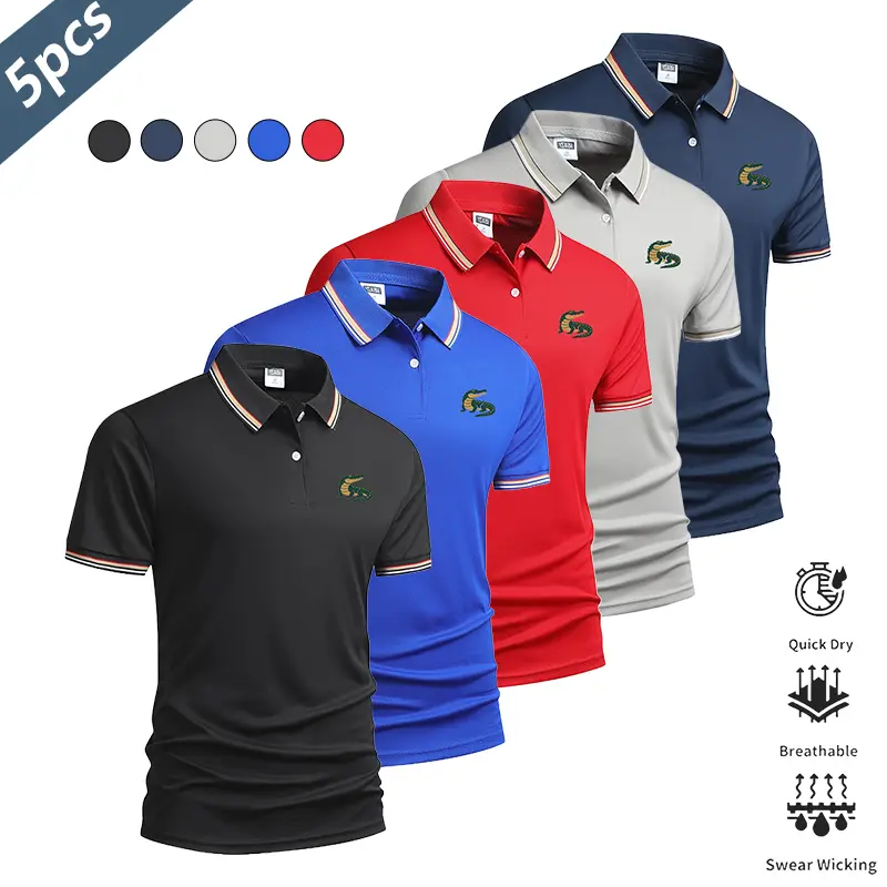 Men’s 5 pack alligator print polo shirts—lightweight, quick drying, breathable summer short sleeve collared T shirts for business casual wear. Suitable for commuting, everyday wear, and light business outfits; pairs well with dress pants and casual trouse