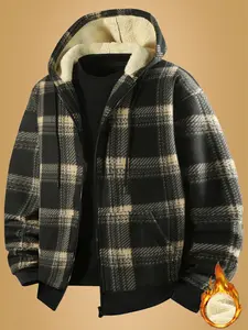 Men's Autumn Winter Open Front Hoodie Striped Plaid Fleece Lined Thick Fashion Casual Outerwear, Stylish Men's Sweatshirt Jacket