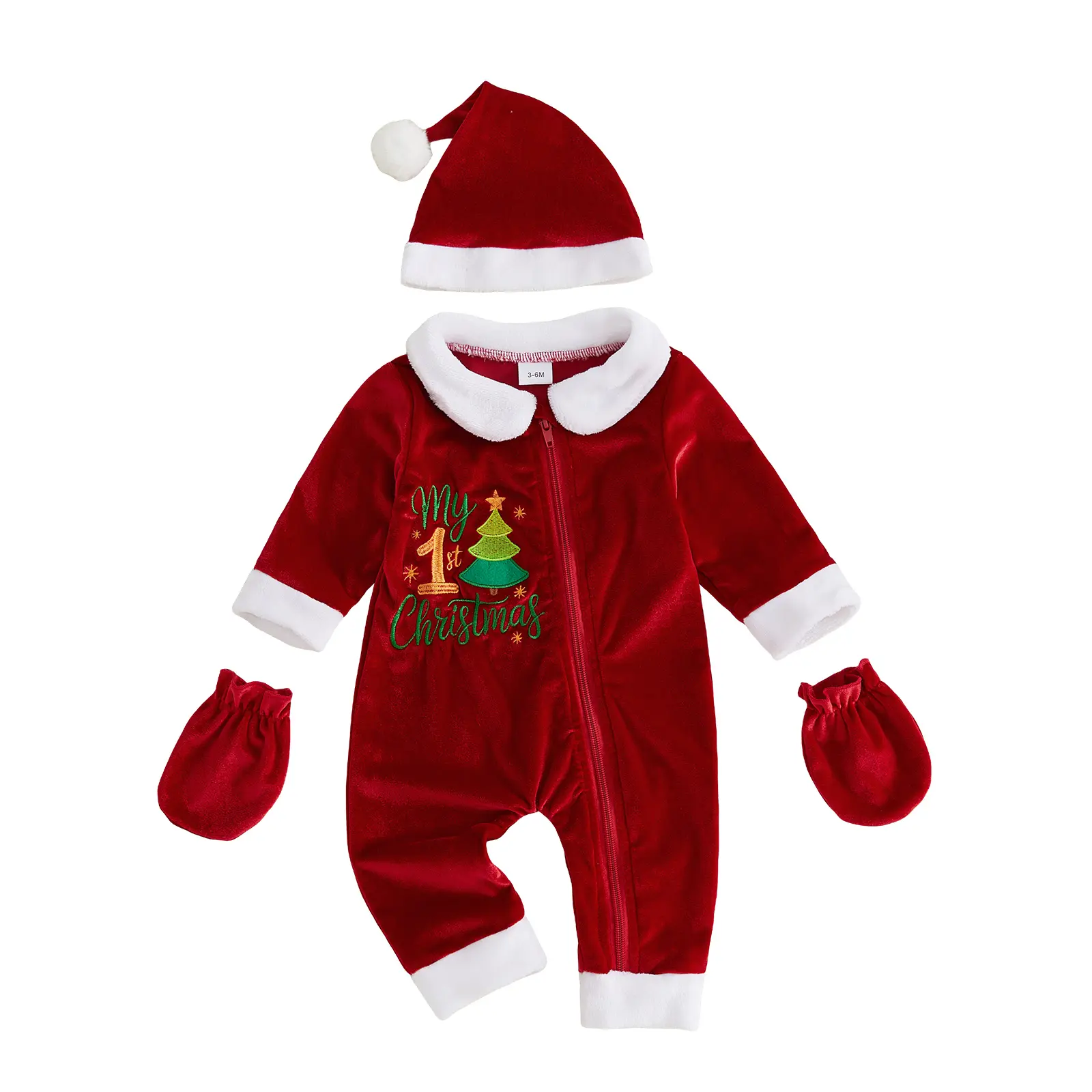 Infant Baby Boy Girl Outfits Christmas Tree Letter Embroidery Furry Trim Zip Long Sleeve Jumpsuit Hat and Gloves 1-18 Months