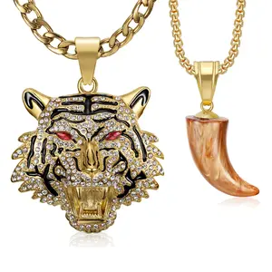 18K Gold Plated Tiger Head with Red Eyes Tooth Pendant Punk Rock Stainless Steel Necklace, 24 Inch 7mm Layered Chain for Men Hip Hop Animal Jewelry