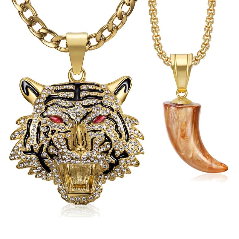 18K Gold Plated Tiger Head with Red Eyes Tooth Pendant Punk Rock Stainless Steel Necklace, 24 Inch 7mm Layered Chain for Men Hip Hop Animal Jewelry Gift