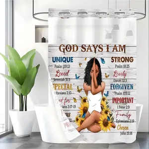 LVRLVR 1pc Inspirational Black Woman with Sunflowers & "God Says I Am" Quote Pattern Polyester Double Layer Lined Shower Curtain 70.874 Inches/180188cm