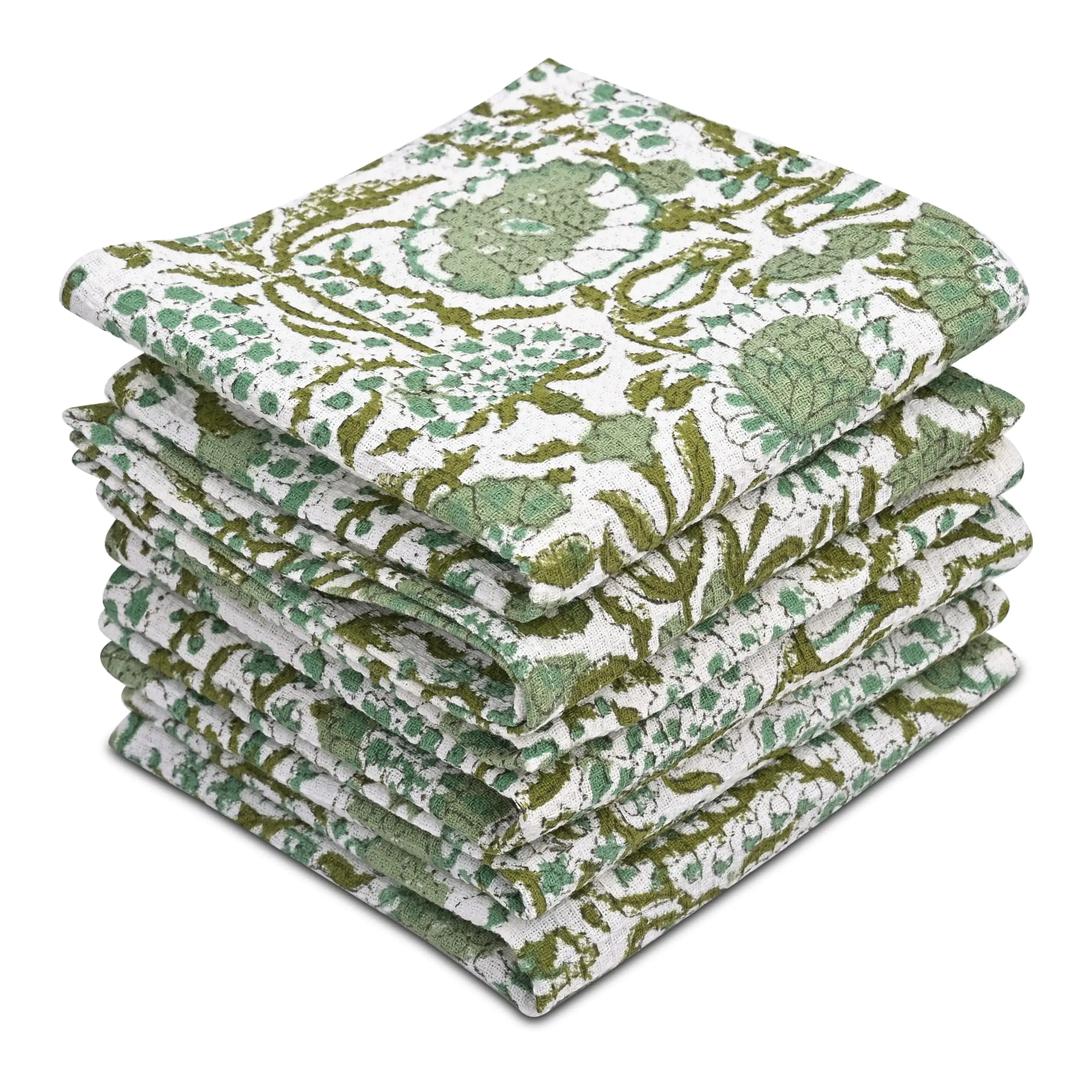 CPC  12 x 12 Hand Block Printed Cotton Waffle Cleaning Cloths Set - Super Absorbent, Soft, Reusable Kitchen Towels for Dish Drying & Cleaning, gift option for Thanksgiving, Christmas, housewarmings, Birthday and wedding.