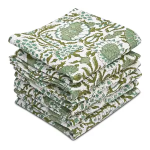 CPC Agate Green Hand Block Printed Cotton Waffle Dish Cloth Set of 6-12x12 Inch Super Absorbent, Soft, Reusable Kitchen Towels for Dish Drying & Cleaning Ideal for Spring, Mother's Day